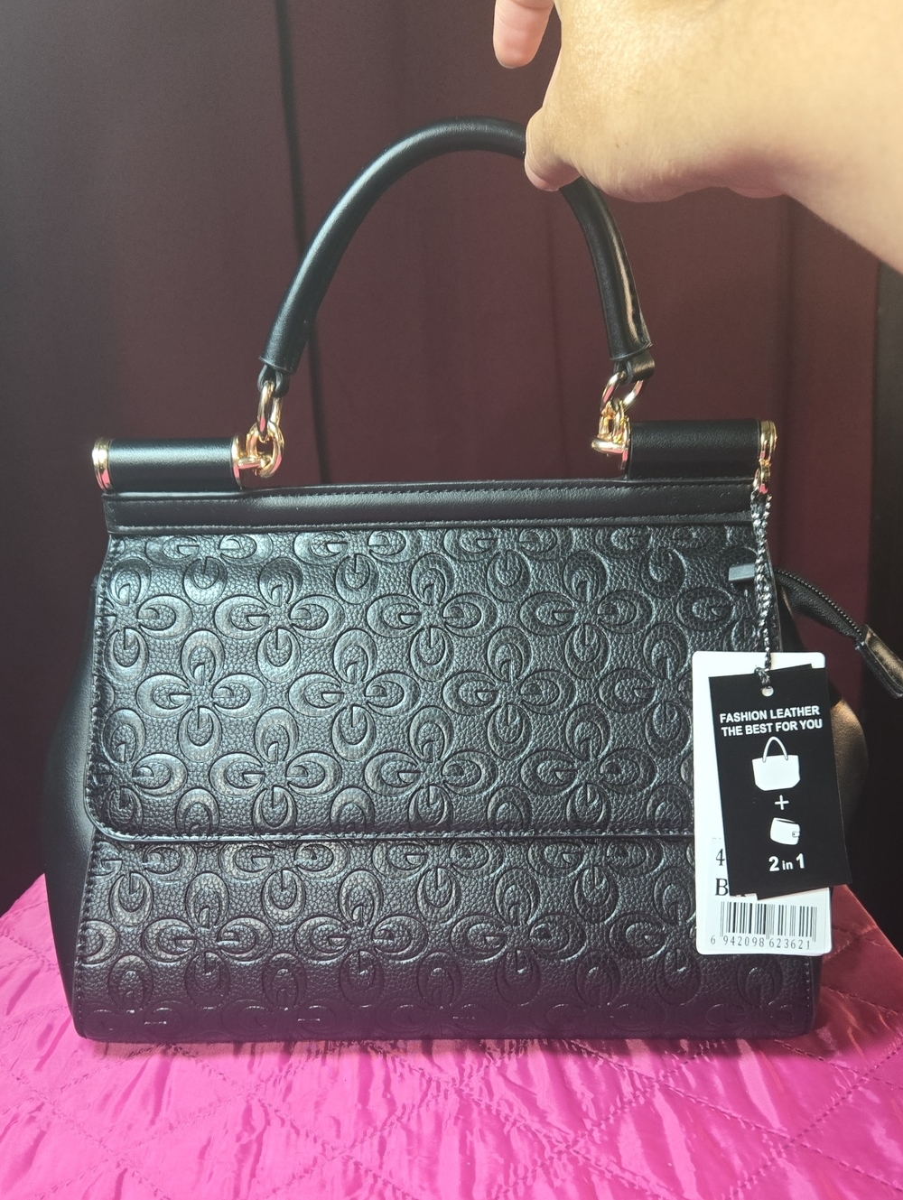 Elegant Black Embossed Top-Handle Women’s Bag